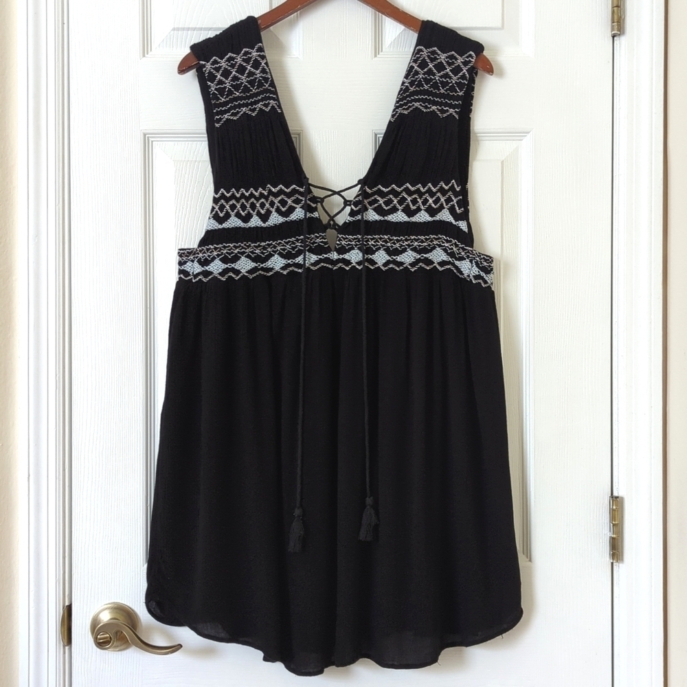 Free People Simply Embroidered Yoke Sleeveless Lace Up V-neck Mini Dress Black L